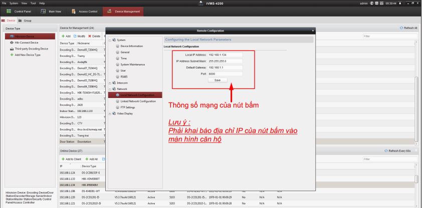 Kiểm tra thông số mạng của nút bấm chuông hình Hikvision
