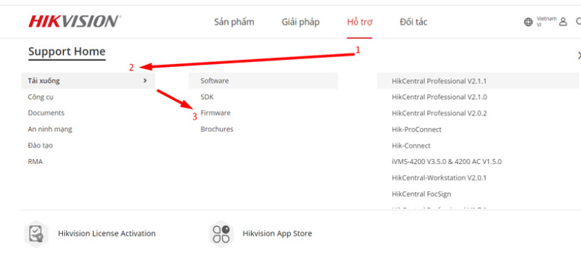 Giao diện tải firmware Hikvision chính hãng từ trang hỗ trợ, nên nhập đúng model để tránh lỗi firmware Hikvision