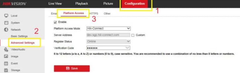 Màn hình Platform Access của đầu ghi Hikvision hiển thị Register Status Offline khi thiết bị mất kết nối Hik-Connect