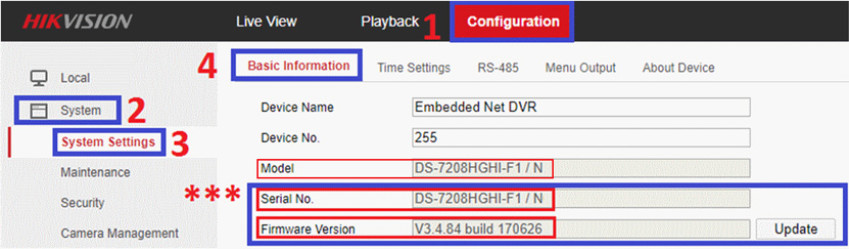 Xem model, serial và phiên bản firmware của thiết bị Hikvision trên trình duyệt web trước khi nâng cấp
